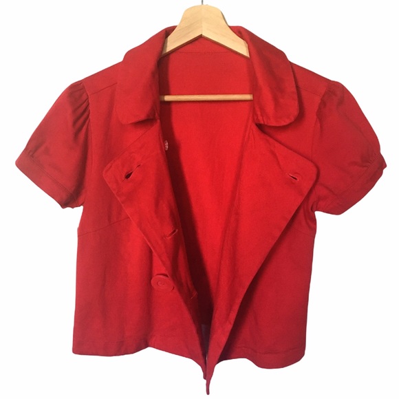 Boxy Red Double Breasted Puff Sleeve Twill Jacket - Picture 4 of 7